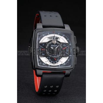 Cheap Tag Heuer Monaco Black-Red Perforated Leather Strap Black Dial 80309