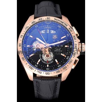 Replica Tag Heuer Carrera Rose Gold Bezel with Black Dial and Black Leather Strap  621538