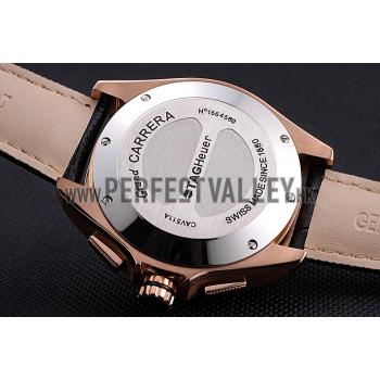 Replica Tag Heuer Carrera Rose Gold Bezel with Black Dial and Black Leather Strap  621538