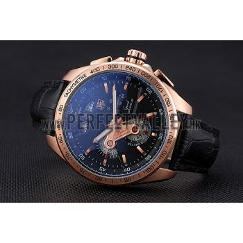 Replica Tag Heuer Carrera Rose Gold Bezel with Black Dial and Black Leather Strap  621538