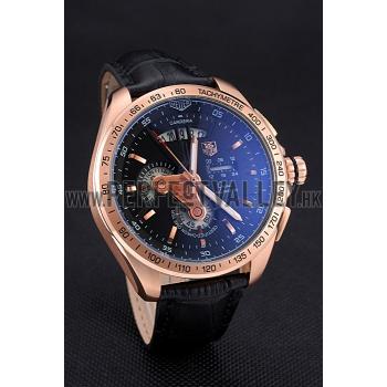 Replica Tag Heuer Carrera Rose Gold Bezel with Black Dial and Black Leather Strap  621538