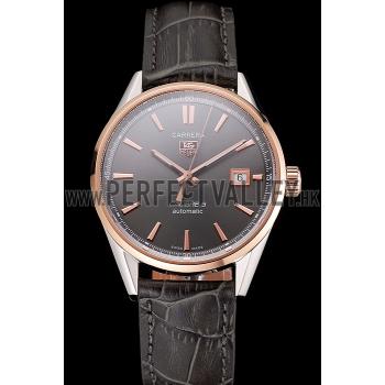 Replica Swiss Tag Heuer Carrera Calibre 5 Gray Dial Rose Gold Case Black Leather Strap