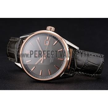 Replica Swiss Tag Heuer Carrera Calibre 5 Gray Dial Rose Gold Case Black Leather Strap