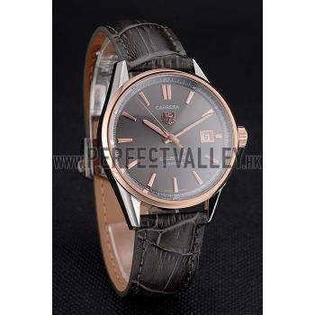 Replica Swiss Tag Heuer Carrera Calibre 5 Gray Dial Rose Gold Case Black Leather Strap