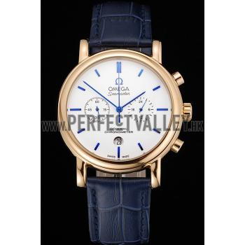 Omega Seamaster Vintage Chronograph White Dial Blue Hour Marks Gold Case Blue Leather Strap Replica