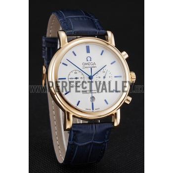 Omega Seamaster Vintage Chronograph White Dial Blue Hour Marks Gold Case Blue Leather Strap Replica