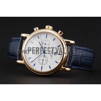 Omega Seamaster Vintage Chronograph White Dial Blue Hour Marks Gold Case Blue Leather Strap Replica