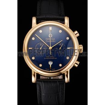 Omega Seamaster Vintage Chronograph Blue Dial Diamond Hour Marks Gold Case Black Leather Strap