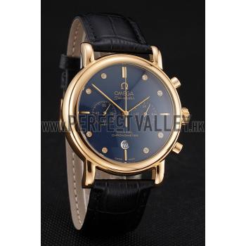 Omega Seamaster Vintage Chronograph Blue Dial Diamond Hour Marks Gold Case Black Leather Strap