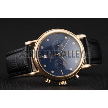 Omega Seamaster Vintage Chronograph Blue Dial Diamond Hour Marks Gold Case Black Leather Strap