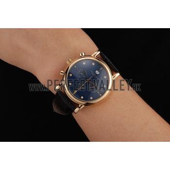 Omega Seamaster Vintage Chronograph Blue Dial Diamond Hour Marks Gold Case Black Leather Strap