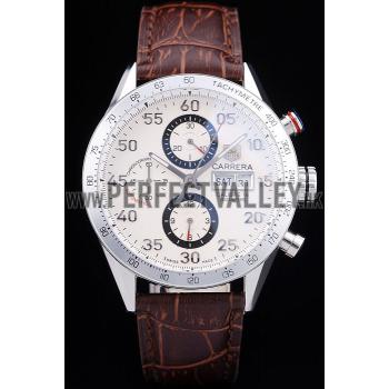 Tag Heuer Swiss Carrera Tachymeter Bezel Dark Brown Leather Strap White Dial