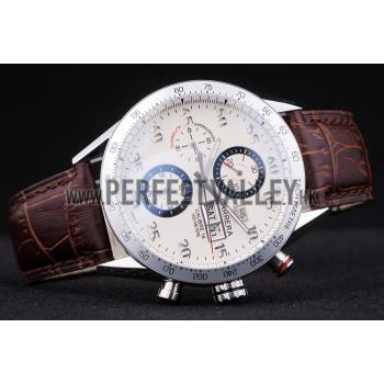 Tag Heuer Swiss Carrera Tachymeter Bezel Dark Brown Leather Strap White Dial