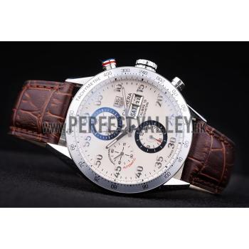 Tag Heuer Swiss Carrera Tachymeter Bezel Dark Brown Leather Strap White Dial