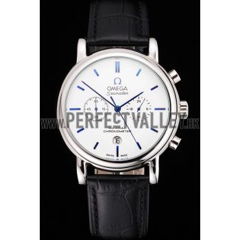 Omega Seamaster Vintage Chronograph White Dial Blue Hour Marks Stainless Steel Case Black Leather Strap Replica