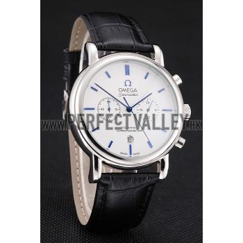 Omega Seamaster Vintage Chronograph White Dial Blue Hour Marks Stainless Steel Case Black Leather Strap Replica