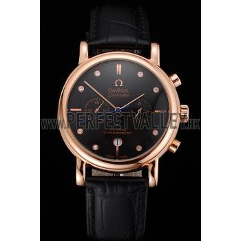 Omega Seamaster Vintage Chronograph Black Dial Diamond Hour Marks Rose Gold Case Black Leather Strap