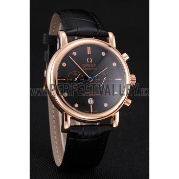 Omega Seamaster Vintage Chronograph Black Dial Diamond Hour Marks Rose Gold Case Black Leather Strap