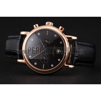 Omega Seamaster Vintage Chronograph Black Dial Diamond Hour Marks Rose Gold Case Black Leather Strap