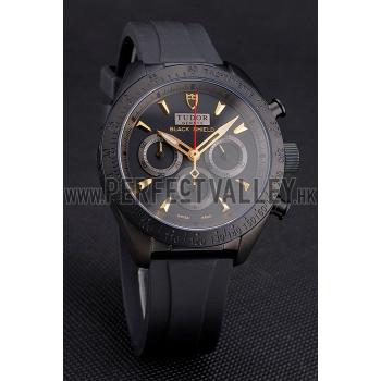 Cheap Tudor Fastrider Black Shield Black Dial Gold Markings Black Case Black Rubber Strap