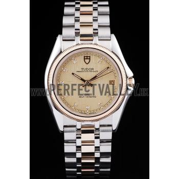 Tudor Swiss  Prince Date Stainless Steel Case Rose Gold Ribbed Bezel Gold Dial