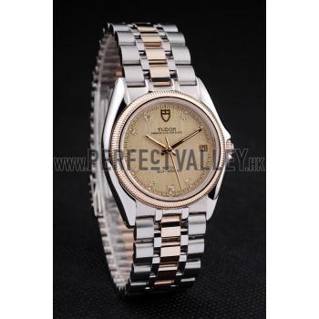 Tudor Swiss  Prince Date Stainless Steel Case Rose Gold Ribbed Bezel Gold Dial