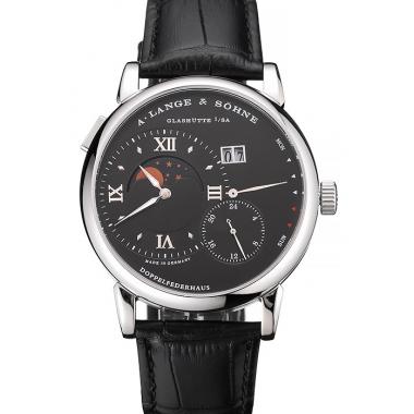 Replica A. Lange & Sohne Grand Lange 1 Moon Phase Black Dial Stainless Steel Case Black Leather Strap