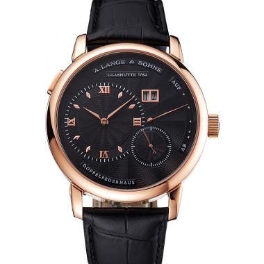 A. Lange & Sohne Lange 1 Black Dial Rose Gold Case Black Leather Strap