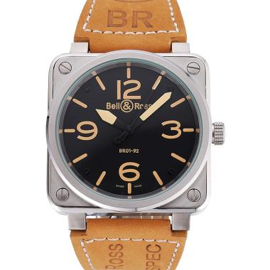 Replica Bell and Ross BR 01-92 Black Dial Silver Case Gold Numerals Brown Leather Strap