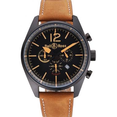 Cheap Bell and Ross BR126 Flyback Black Dial Black Case Gold Numerals Brown Suede Leather Strap