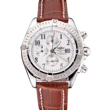 Breitling Chronomat 13 Stainless Steel Case White Dial Arabic Numerals Brown Leather Bracelet 622238