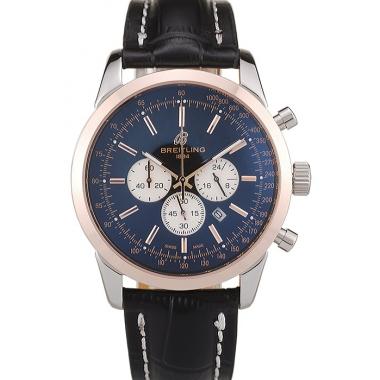 Breitling Transocean Black Dial Black Leather Strap Rose Gold Bezel 98203