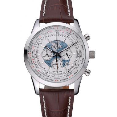 Breitling Transocean Chronograph Unitime White Dial Stainless Steel Case Brown Leather Bracelet 622244