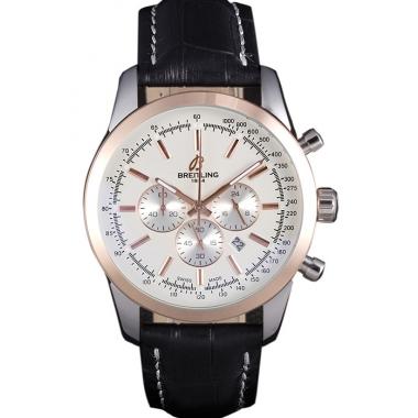 Breitling Transocean White Dial Black Leather Strap Rose Gold Bezel 98205