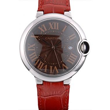 Cartier Ballon Bleu 42mm Brown Dial Stainless Steel Case Red Leather Bracelet Replica