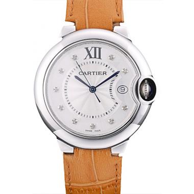 Cartier Ballon Bleu 42mm White Dial Stainless Steel Case Light Brown Leather Bracelet