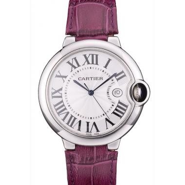 Cartier Ballon Bleu 42mm White Dial Stainless Steel Case Purple Leather Bracelet