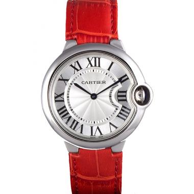 Cartier Ballon Bleu Silver Bezel with White Dial Red Leather Band  621551