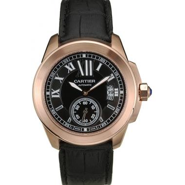 Cartier Calibre Black Dial Gold Case Black Leather Bracelet