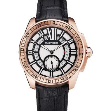 Replica Cartier Calibre De Cartier Small Seconds Black And White Dial Rose Gold Case Black Leather Strap