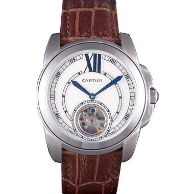 Cartier Calibre Flying Tourbillon White Dial Stainless Steel Case Brown Leather Bracelet