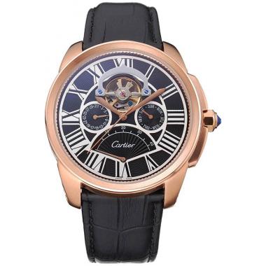 Replica Cartier Calibre Tourbillon Black Dial Gold Case Black Leather Strap  622754