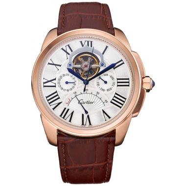 Cheap Cartier Calibre Tourbillon White Dial Gold Case Brown Leather Strap  622753