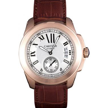 Cartier Calibre White Dial Gold Case Brown Leather Bracelet Replica