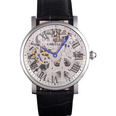 Cartier  Skeleton Watch with Silver Bezel and Black Leather Band  621559 Replica