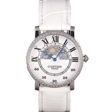 Cartier Moonphase Silver Watch with White Leather Band ct257 621376 Replica