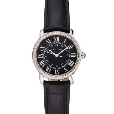 Cartier Ronde Black Dial Diamond Bezel Stainless Steel Case Black Leather Strap