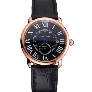 Cartier Ronde Louis Cartier Black Dial Gold Case Black Leather Strap