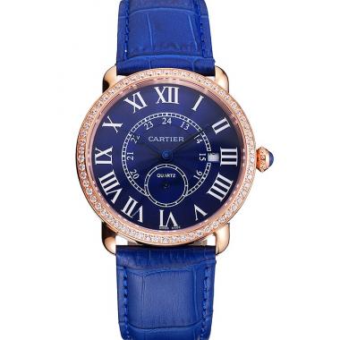 Cartier Ronde Louis Cartier Blue Dial Gold Case Diamond Bezel Blue Leather Strap Replica