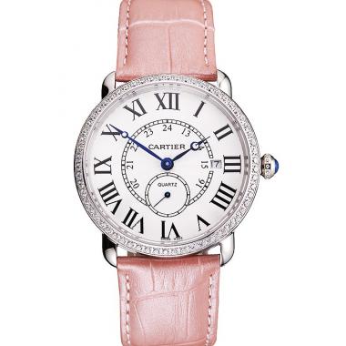 Replica Cartier Ronde Louis Cartier White Dial Stainless Steel Case Diamond Bezel Pink Leather Strap